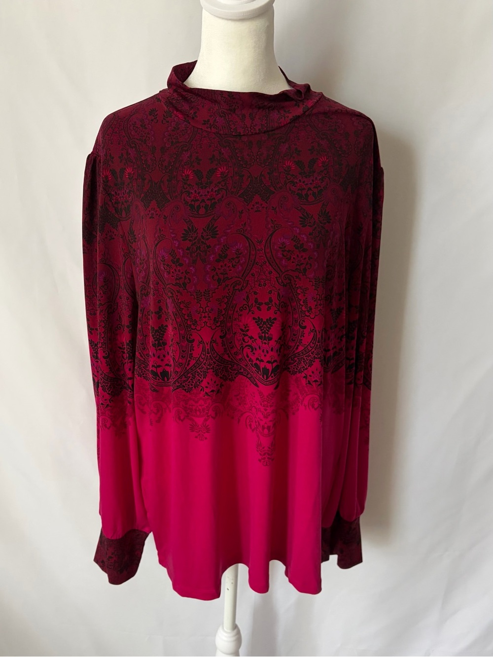 New Susan Graver Printed Liquid Knit Mock Neck Top with Blouson Sleeves XL
